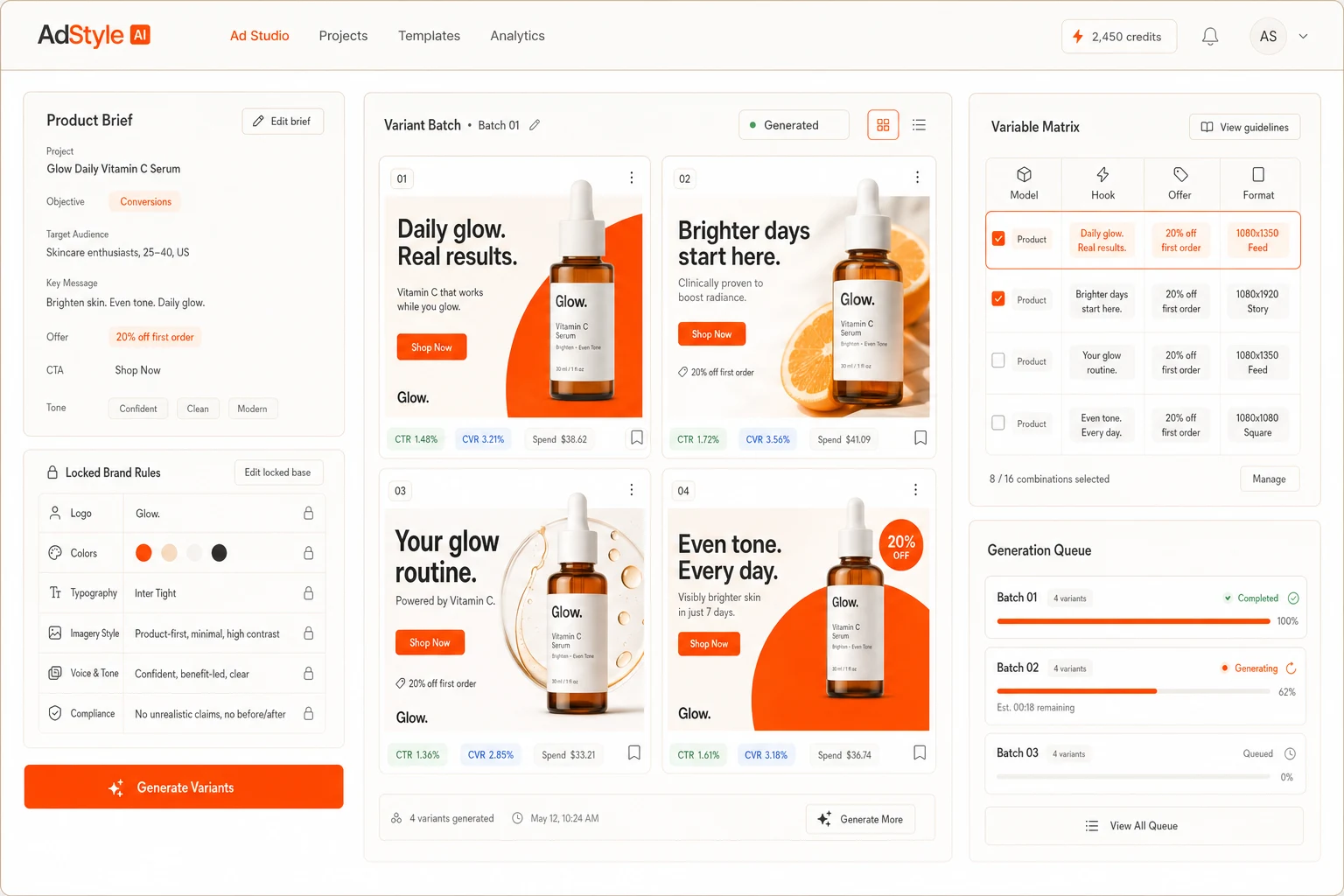 Create Ads workspace for generating ad variations at scale from a product brief and brand assets
